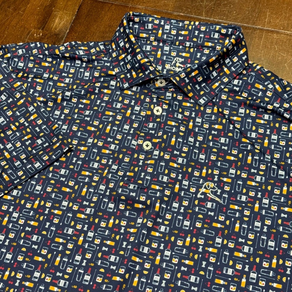 Rhoback Performance Polo Mens L Blue Cocktail Barware Print Stretch Golf Shirt
